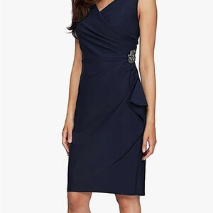Alex Evenings PETITE S16, NWT navy Embellished Ruched Faux Wrap Sheath Dress